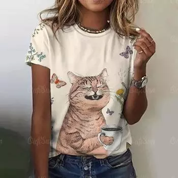 Новая женская летняя футболка с круглым вырезом и короткими рукавами с принтом Kawaii Cat 3D, свободный и универсальный повседневный женский топ S