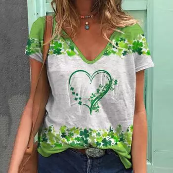Новая женская летняя футболка с принтом зеленых листьев, женский топ с v-образным вырезом и короткими рукавами, модная уличная повседневная универсальная рубашка, хит продаж XS
