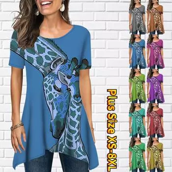 Новая женская летняя мода под открытой сексуальной футболкой с короткими рукавами и круглым вырезом, летняя свободная футболка с принтом, топ XS-8XL S