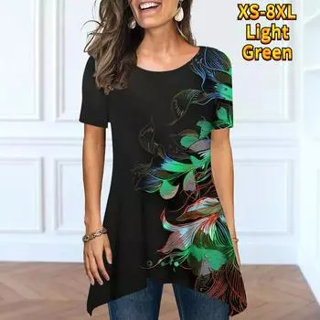 Новая женская летняя модная футболка с круглым вырезом под открытой сексуальной летней свободной футболкой с короткими рукавами и принтом, топы XS-8XL S