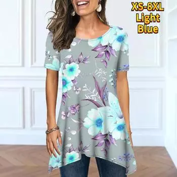 Новая женская летняя модная футболка с круглым вырезом под открытой сексуальной летней свободной футболкой с короткими рукавами и принтом, топы XS-8XL 6XL