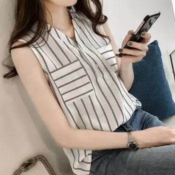 Новая женская майка, рубашка в полоску, повседневный женский топ без рукавов, женская рубашка больших размеров с v-образным вырезом M белый