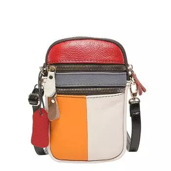 Новая женская мини-сумка для телефона из натуральной кожи с цветными блоками - многослойное отделение, модный дизайн на плече/через плечо Length 18.5 Height 12 Thickness 3