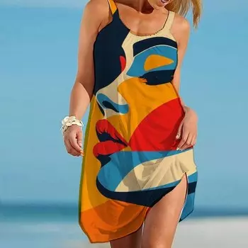 Новая женская мода 2025 года, новое летнее повседневное мини-платье с принтом, пляжный стиль, элегантное женское платье без рукавов с принтом в стиле поп-арт S