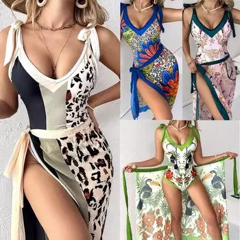 Новая женская мода, цельный бикини с принтом животных и граффити, сексуальное прикрытие живота, тонкая юбка с открытой спиной, купальный костюм, элегантная пляжная юбка, накидка S синий