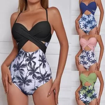 Новая женская мода Цельный бикини с кокосовым принтом Сексуальные подтяжки Узкий купальник с высокой талией Красивый элегантный свежий пляжный консервативный бикини S розовый