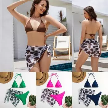 Новая женская мода, однотонная сетчатая юбка с принтом перьев, бикини, купальник, комплект из трех предметов, сексуальный комплект на шнуровке с открытой спиной, пляжная юбка, купальник S коричневый