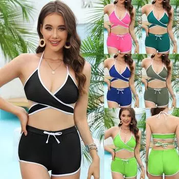 Новая женская мода с перекрестным вырезом и раздельным бикини Купальники из трех частей Сплошной цвет Сексуальные спортивные купальники с высокой талией Повседневные консервативные бикини XS чёрный