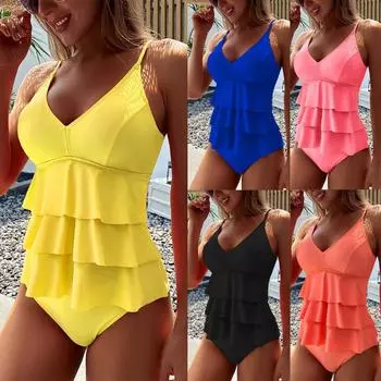 Новая женская мода, сплошной цвет, консервативный раздельный бикини с рюшами, купальный костюм, сексуальный плиссированный купальник с ремешком, элегантный комплект бикини для пляжного отдыха S жёлтый