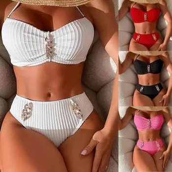 Новая женская мода, сплошной цвет с бриллиантами, украшение, разделенное бикини, сексуальный купальник с открытой спиной на подтяжках, повседневное летнее пляжное бикини S белый