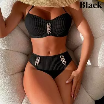 Новая женская мода, сплошной цвет с бриллиантами, украшение, разделенное бикини, сексуальный купальник с открытой спиной на подтяжках, повседневное летнее пляжное бикини S белый