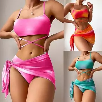 Новая женская мода Tie Dye Split Бикини Купальники Комплект из трех предметов Сексуальная градиентная кружевная сетчатая пляжная юбка Комплект бикини S розовый