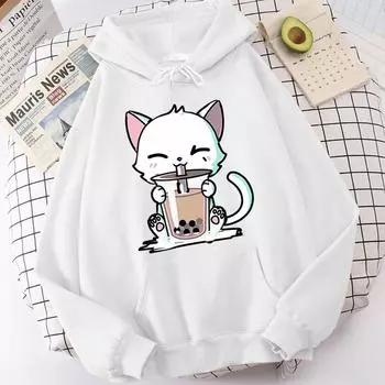 Новая женская мода толстовка с капюшоном свитер Harajuku Cat Boba Tea Print Hoodie Personality Hoodie Streetwear S