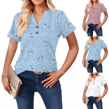 Новая женская модная повседневная футболка с v-образным вырезом на пуговицах и принтом для женщин L розовый