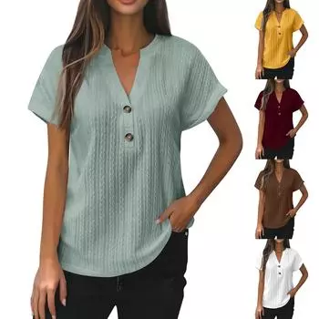 Новая женская модная повседневная однотонная футболка с V-образным вырезом на пуговицах для женщин L коричневый