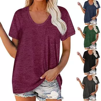 Новая женская модная повседневная рубашка, однотонный топ с круглым вырезом и карманом XXL чёрный