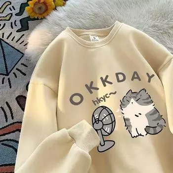 Новая женская модная повседневная толстовка с длинным рукавом и круглым вырезом с милым рисунком кота 2024 XS