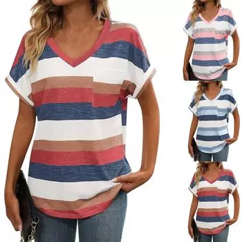 Новая женская модная сексуальная повседневная полосатая футболка с v-образным вырезом и разноцветными рукавами