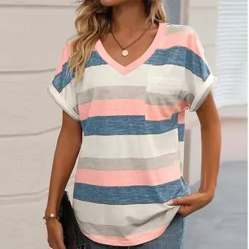 Новая женская модная сексуальная повседневная полосатая футболка с v-образным вырезом и разноцветными рукавами