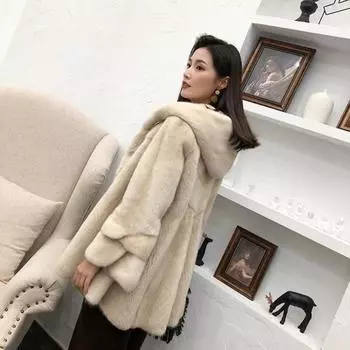 Новая женская модная шуба Haining из искусственной норки, женская шуба из искусственной цельной норки средней и длинной длины с капюшоном XL 90-105