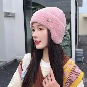 Новая женская мягкая зимняя шапка, уличная одежда из искусственного меха, теплая шапка с хвостиком, модная декоративная шапка-бини для женщин, повседневная вязаная шапка с ушками 55cm-60cm розовый