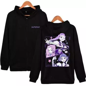 Новая женская мужская толстовка на молнии Модная куртка K-Pop Принт «Охотники на демонов» Свитшот Уличная одежда Повседневная одежда Мужская одежда XS чёрный
