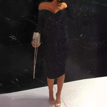 Новая женская облегающая юбка с запахом на бедрах, однотонная юбка с длинными рукавами и пайетками для банкетной вечеринки S красный