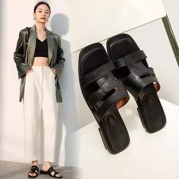 Новая женская обувь из натуральной кожи, летние удобные универсальные тапочки, сандалии для отдыха на квадратном каблуке и толстом каблуке, универсальные тапочки 35 чёрный