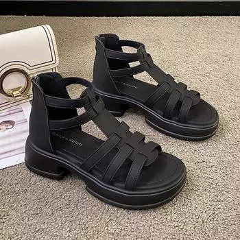 Новая женская обувь, летние женские сандалии с молнией сзади, однотонные водонепроницаемые повседневные сандалии на среднем каблуке с открытым носком для женщин 35