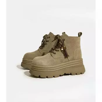 Новая женская обувь на толстой подошве, ретро ботильоны на шнуровке с широким носком, повседневные уличные ботинки 34 хаки