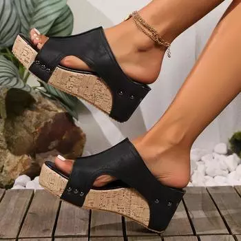 Новая женская обувь, тапочки на танкетке, летние босоножки на танкетке с открытым носком и рыбьей головой на высоком каблуке 36 чёрный