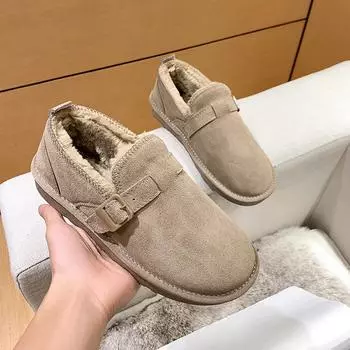 Новая женская обувь, зимние ботильоны из натуральной овчины, меховой ремень с пряжкой, женские весенние короткие зимние ботинки на плоской подошве для женщин и девочек