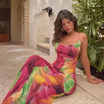 Новая женская одежда 2025 года, летний модный принт, сексуальное платье в стиле отпуска, облегающее платье с открытой спиной и подтяжками S