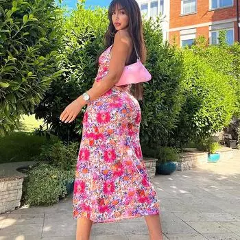 Новая женская одежда 2025 года, лето, цифровая печать, V-образный вырез, подтяжки, среднее и длинное платье, разрез, подтяжки S розовый