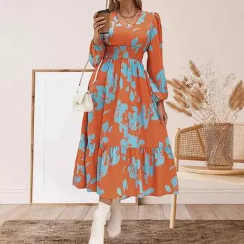 Новая женская одежда 2025 года, модное платье с длинными рукавами и оборками по краю S оранжевый