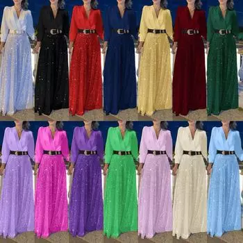 Новая женская одежда 2025 года, модный темперамент с V-образным вырезом, элегантная талия и тонкая блузка с широкими штанинами и длинными рукавами, расшитая пайетками S