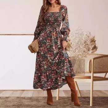 Новая женская одежда 2025 года осень-зима мода фонарь рукава принт длинный рукав платье S коричневый