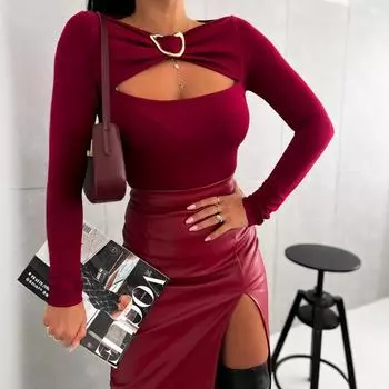 Новая женская одежда 2025 года осень-зима новый модный однотонный сексуальный полый топ с длинными рукавами S белый