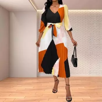 Новая женская одежда 2025 года, осень-зима, геометрический принт, платье со шнуровкой на талии, плиссированное, с длинными рукавами S