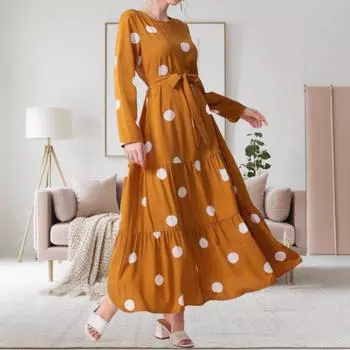 Новая женская одежда 2025 года, осеннее платье с круглым вырезом и длинными рукавами в крупную волну в горошек S имбирный