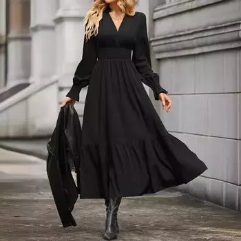 Новая женская одежда 2025 года, весна и осень, модное однотонное платье-фонарик с длинным рукавом и V-образным вырезом S чёрный