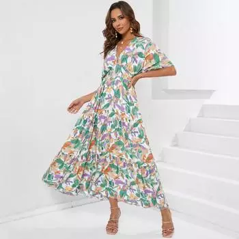 Новая женская одежда 2025 года, весна-лето, хлопковое платье с принтом и глубоким V-образным вырезом, платье для отдыха на море, пляжное платье для отдыха S