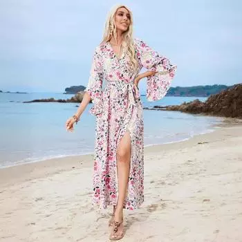 Новая женская одежда 2025 летнее длинное платье с V-образным вырезом, оборками и разрезом на талии, платье с принтом S