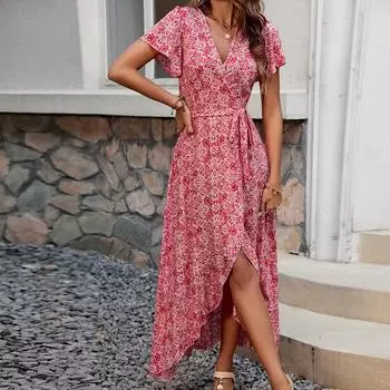 Новая женская одежда 2025 летнее платье с V-образным вырезом и принтом на бретелях для пляжного отдыха с большими распашными рукавами S зелёный