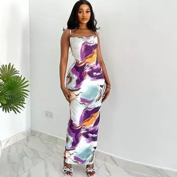Новая женская одежда 2025 летнее сексуальное платье с подтяжками и разрезом на шее средней длины пляжное платье для отдыха S разноцветный