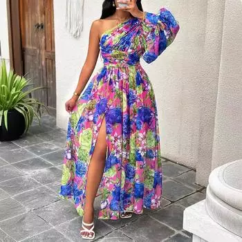 Новая женская одежда 2025 летнее сексуальное платье с открытыми плечами и длинными рукавами-фонариками с принтом S