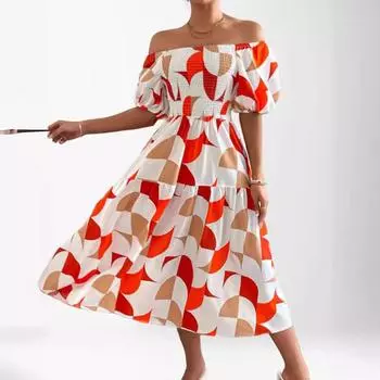 Новая женская одежда 2025 летняя мода однотонный воротник оборка край принт платье с короткими рукавами S оранжевый