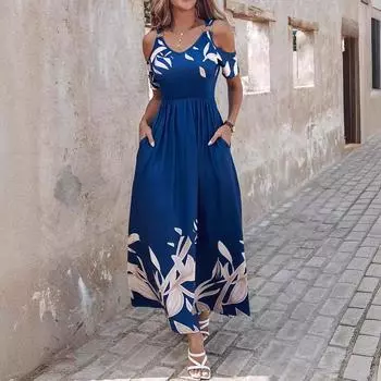 Новая женская одежда 2025 летняя мода с открытыми плечами и принтом на талии длинное платье плиссированное платье S синий