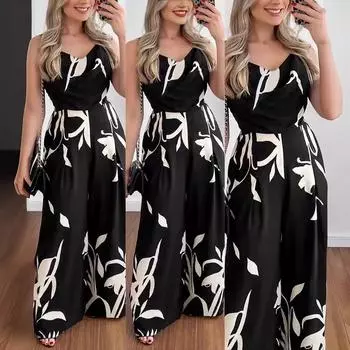 Новая женская одежда 2025 летняя мода темперамент подтяжки спинки талия широкий комбинезон S синий