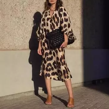 Новая женская одежда 2025 осень и зима свободное длинное платье с V-образным вырезом и рукавом-фонариком платье с леопардовым принтом S цветной печати леопарда